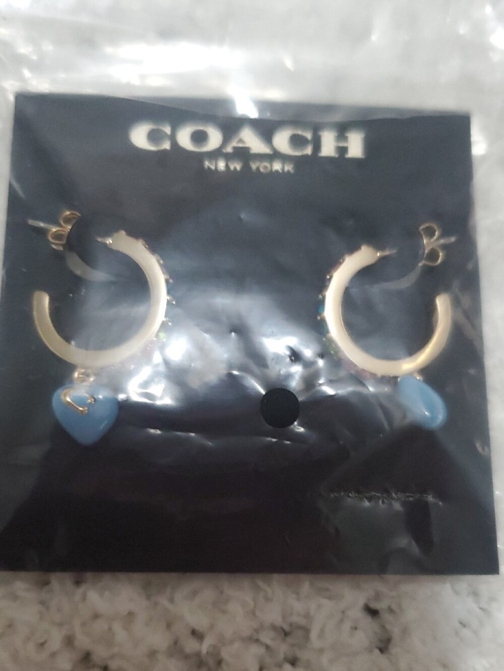 Coach Gold Hoop Earrings with Blue Heart Dangles and Multicolor Crystals - Picture 7 of 8
